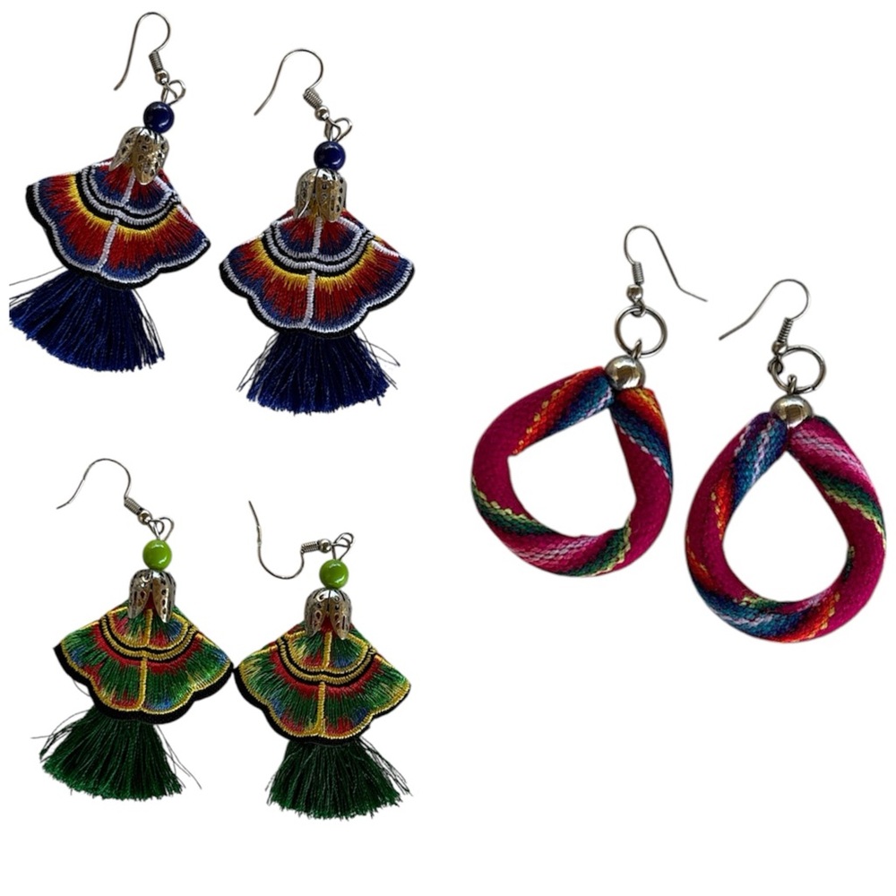 Peruvian Dangle Hoop & Mexican Floral Tassel Embroidered Dangle Earrings 3 Set